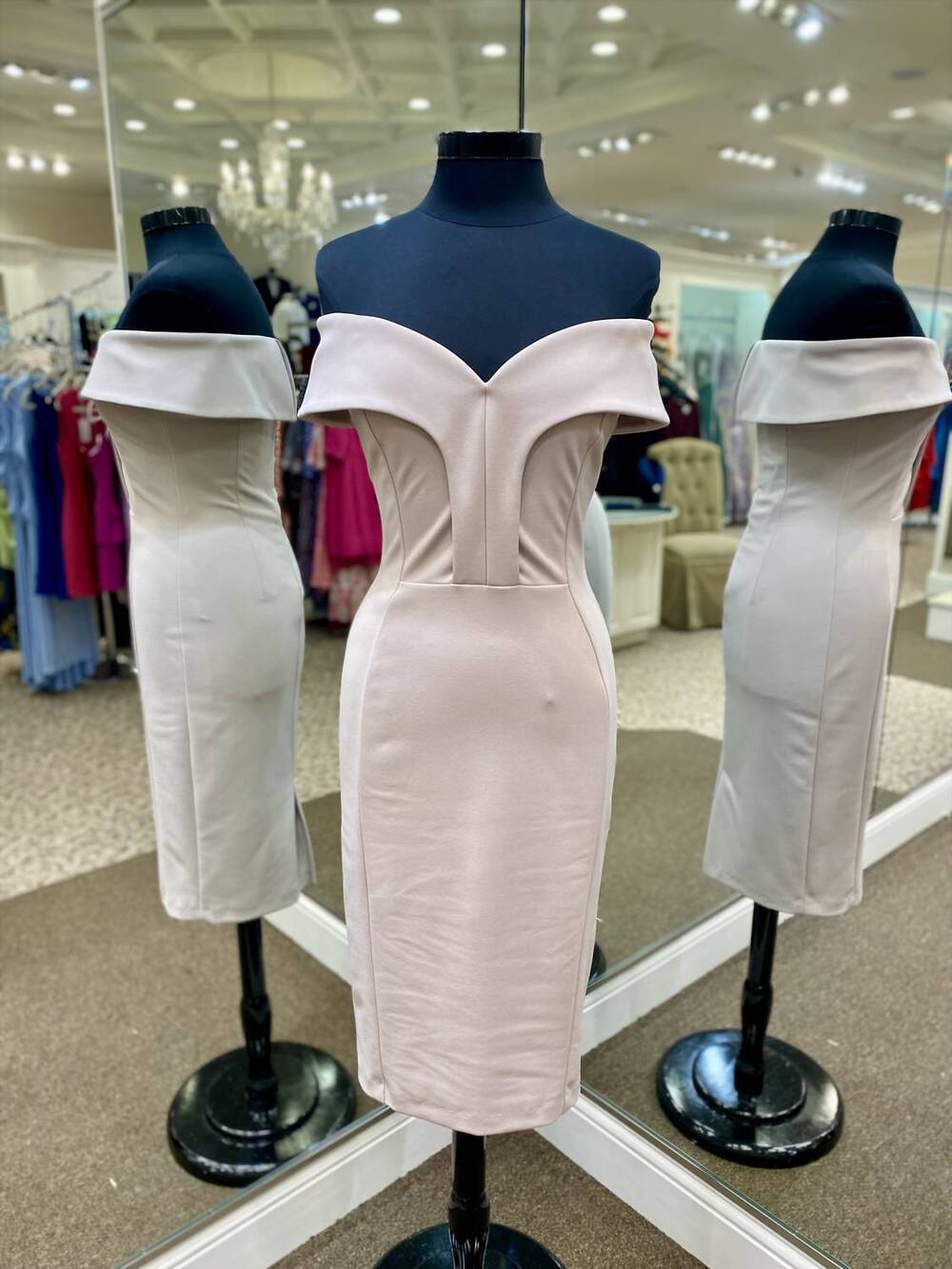 NEW JOSEPH RIBKOFF women's off the shoulder fitted dress in mother of pearl